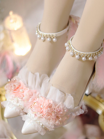 スイートロリータフットウェア ホワイトフラワーチェーンフリル PUレザースティレットヒールロリータパンプス