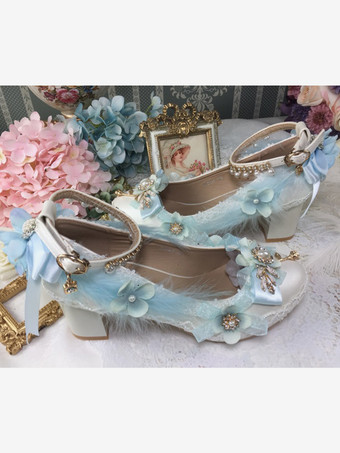 ライトスカイブルースイートロリータフットウェア ホワイトパールチェーン リボン ポインテッドトゥ PUレザー ロリータパンプス