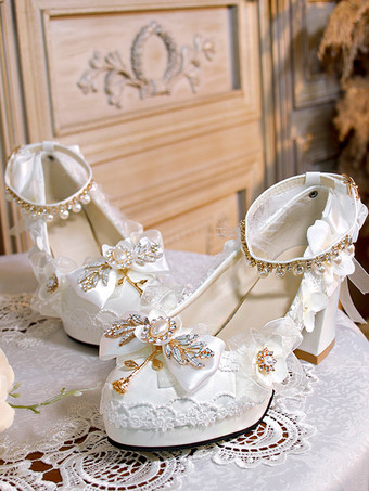 スイートロリータフットウェア ホワイトパールチェーン リボン ポインテッドトゥ PUレザー ロリータパンプス