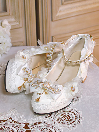 スイートロリータフットウェア ホワイトパールチェーン リボン ポインテッドトゥ PUレザー ロリータパンプス