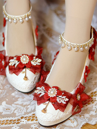 ワインレッド スイートロリータフットウェア ホワイトパールチェーン リボン ポインテッドトゥ PUレザー ロリータパンプス