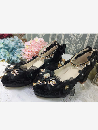 ブラック スイートロリータフットウェア ホワイトパールチェーン リボン ポインテッドトゥ PUレザー ロリータパンプス