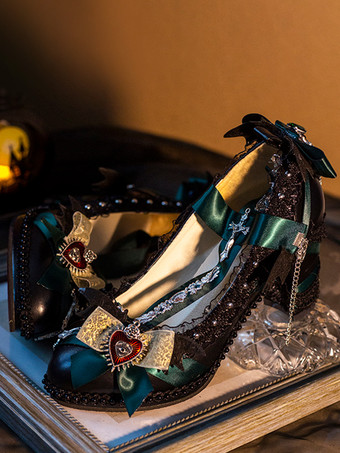 ダークグリーンゴシック ロリータ フットウェア パープル リボン レース チェーン ポインテッド トゥ PU レザー ロリータ パンプス