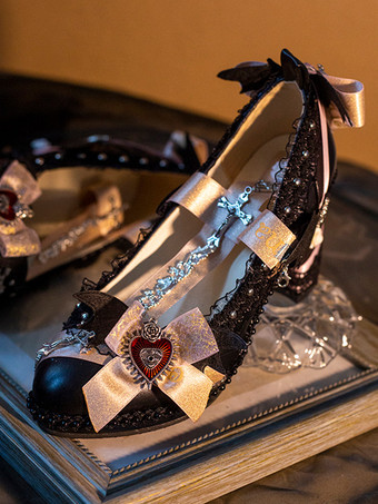 ピンクゴシック ロリータ フットウェア パープル リボン レース チェーン ポインテッド トゥ PU レザー ロリータ パンプス