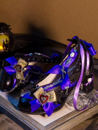 パープル ゴシック ロリータ フットウェア パープル リボン レース チェーン ポインテッド トゥ PU レザー ロリータ パンプス