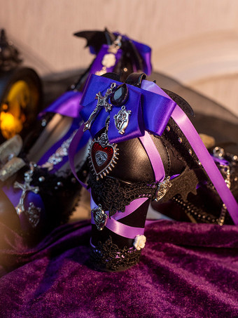 ゴシック ロリータ フットウェア パープル リボン レース チェーン ポインテッド トゥ PU レザー ロリータ パンプス