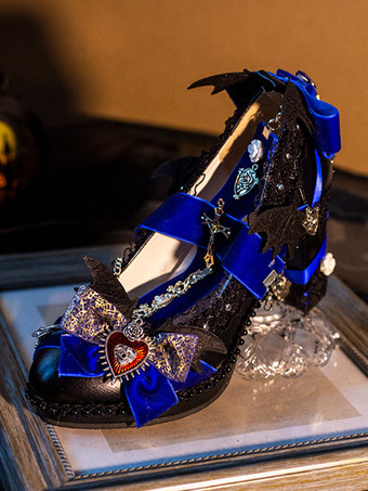 ダークネイビーゴシック ロリータ フットウェア パープル リボン レース チェーン ポインテッド トゥ PU レザー ロリータ パンプス