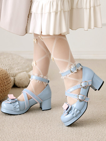ライトスカイブルースイートロリータフットウェア ブラックリボン フリル PUレザー チャンキーヒール ロリータパンプス