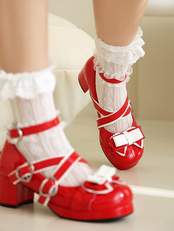 スイートロリータフットウェア ブラックリボン フリル PUレザー チャンキーヒール ロリータパンプス