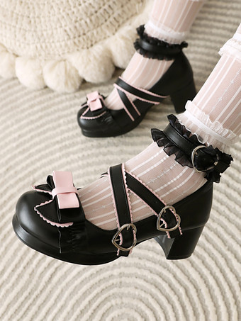 ブラック スイートロリータフットウェア ブラックリボン フリル PUレザー チャンキーヒール ロリータパンプス