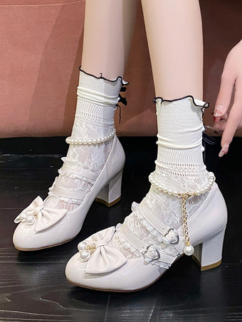 アイボリー スイートロリータフットウェア ブラックチェーン パール フリル ポインテッドトゥ PUレザー ロリータシューズ