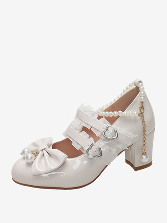 スイートロリータフットウェア ブラックチェーン パール フリル ポインテッドトゥ PUレザー ロリータシューズ