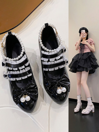 Sweet Lolita Footwear Black Chains Pearls Ruffles Pointed Toe PU Leather Lolita Shoes