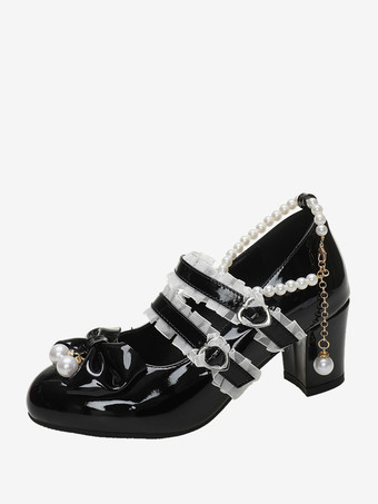 ブラック スイートロリータフットウェア ブラックチェーン パール フリル ポインテッドトゥ PUレザー ロリータシューズ