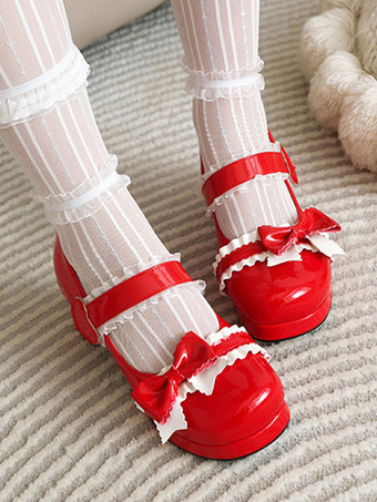 スイートロリータフットウェア ピンクフリルリボン ラウンドトゥ PUレザーロリータパンプス