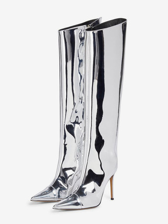 シルバー レディースニーブーツ メタリックポインテッドトゥ スティレットヒール 膝丈ブーツ