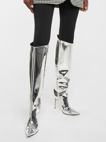 レディースニーブーツ メタリックポインテッドトゥ スティレットヒール 膝丈ブーツ