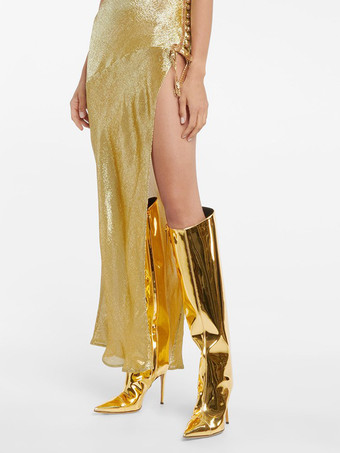 レディースニーブーツ メタリックポインテッドトゥ スティレットヒール 膝丈ブーツ