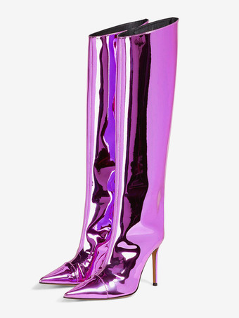 ライラックカラーレディースニーブーツ メタリックポインテッドトゥ スティレットヒール 膝丈ブーツ