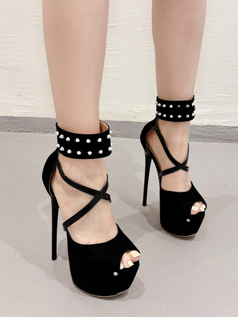 女性用セクシーサンダル ブラック マイクロスエードアッパー ピープトゥ 2.2インチ リベット 5.5インチ セクシーシューズ