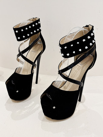 女性用セクシーサンダル ブラック マイクロスエードアッパー ピープトゥ 2.2インチ リベット 5.5インチ セクシーシューズ