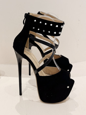 女性用セクシーサンダル ブラック マイクロスエードアッパー ピープトゥ 2.2インチ リベット 5.5インチ セクシーシューズ