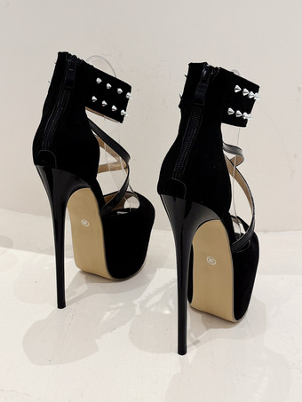 女性用セクシーサンダル ブラック マイクロスエードアッパー ピープトゥ 2.2インチ リベット 5.5インチ セクシーシューズ