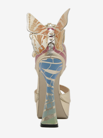 レディースヒールサンダル オープントゥ プリズムヒールサンダル PUレザー