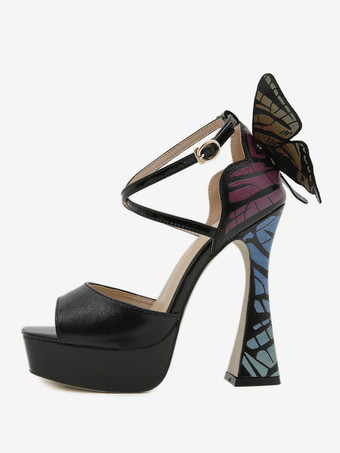 レディースヒールサンダル オープントゥ プリズムヒールサンダル PUレザー