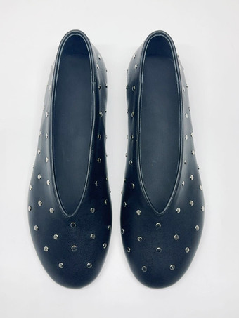 ブラック バレリーナ フラット レディース ラウンドトゥ ビーズ スリッポン バレエ フラット