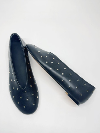 ブラック バレリーナ フラット レディース ラウンドトゥ ビーズ スリッポン バレエ フラット