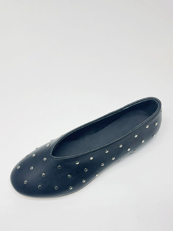 ブラック ブラック バレリーナ フラット レディース ラウンドトゥ ビーズ スリッポン バレエ フラット