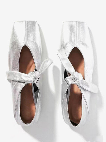 シルバー ゴールド バレエ フラット スクエア トゥ メタリック ノット ディテール フラットシューズ