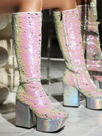 スパンコールニーハイブーツ レディース プラットフォーム チャンキーヒール パーティーブーツ