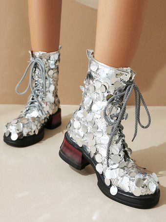 レディース アンクルブーツ シルバー スパンコール ラウンドトゥ レースアップ パーティーブーツ