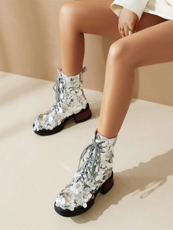 レディース アンクルブーツ シルバー スパンコール ラウンドトゥ レースアップ パーティーブーツ