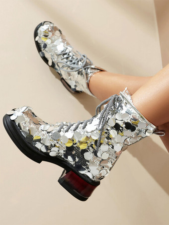 レディース アンクルブーツ シルバー スパンコール ラウンドトゥ レースアップ パーティーブーツ