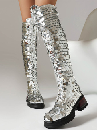 シルバーニーブーツ スパンコールプラットフォーム パピーヒール レースアップニーハイブーツ