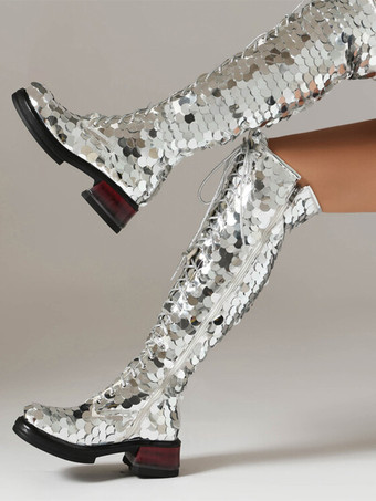 シルバーニーブーツ スパンコールプラットフォーム パピーヒール レースアップニーハイブーツ