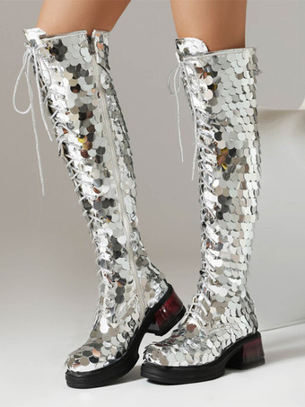 シルバーニーブーツ スパンコールプラットフォーム パピーヒール レースアップニーハイブーツ