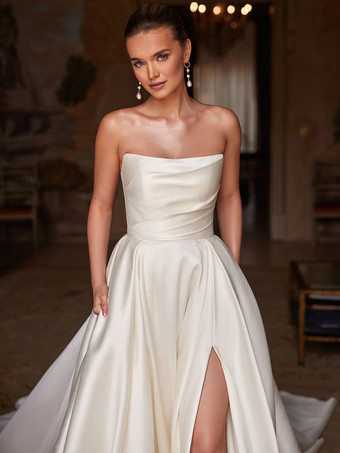 ヴィンテージウェディングドレス ストラップレス ノースリーブ ナチュラルウエスト サテン生地 トレーンポケット付き ブライダルガウン