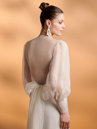 ウェディングラップ アイボリー 長袖 Vネック パフスリーブ ショール オーガンザ ブライダル カバーアップ