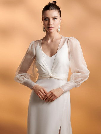 アイボリーウェディングラップ アイボリー 長袖 Vネック パフスリーブ ショール オーガンザ ブライダル カバーアップ