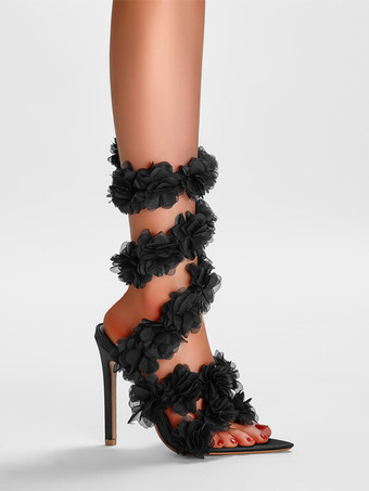 ブラック ハイヒール サンダル ストラップ付き 花柄 スティレットヒール サンダル