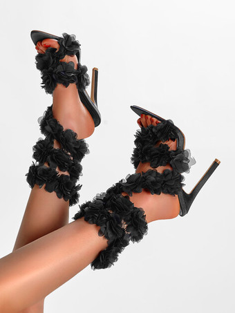 ブラック ハイヒール サンダル ストラップ付き 花柄 スティレットヒール サンダル