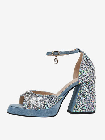 ハイヒールサンダル ブルーデニム ラインストーン ブロックヒール アンクルストラップ パーティーシューズ