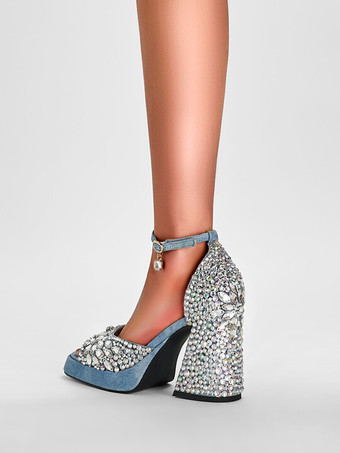 ハイヒールサンダル ブルーデニム ラインストーン ブロックヒール アンクルストラップ パーティーシューズ