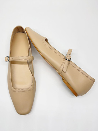 ライト アプリコットバーガンディ メリージェーン フラット スクエアトゥ バックルディテール ヴィンテージ バレリーナ フラット