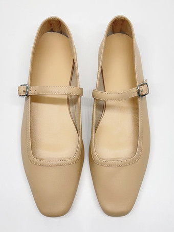 バーガンディ メリージェーン フラット スクエアトゥ バックルディテール ヴィンテージ バレリーナ フラット