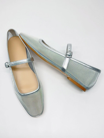 シルバー バレエ フラット スクエア トゥ メッシュ バックル ディテール バレエ フラット